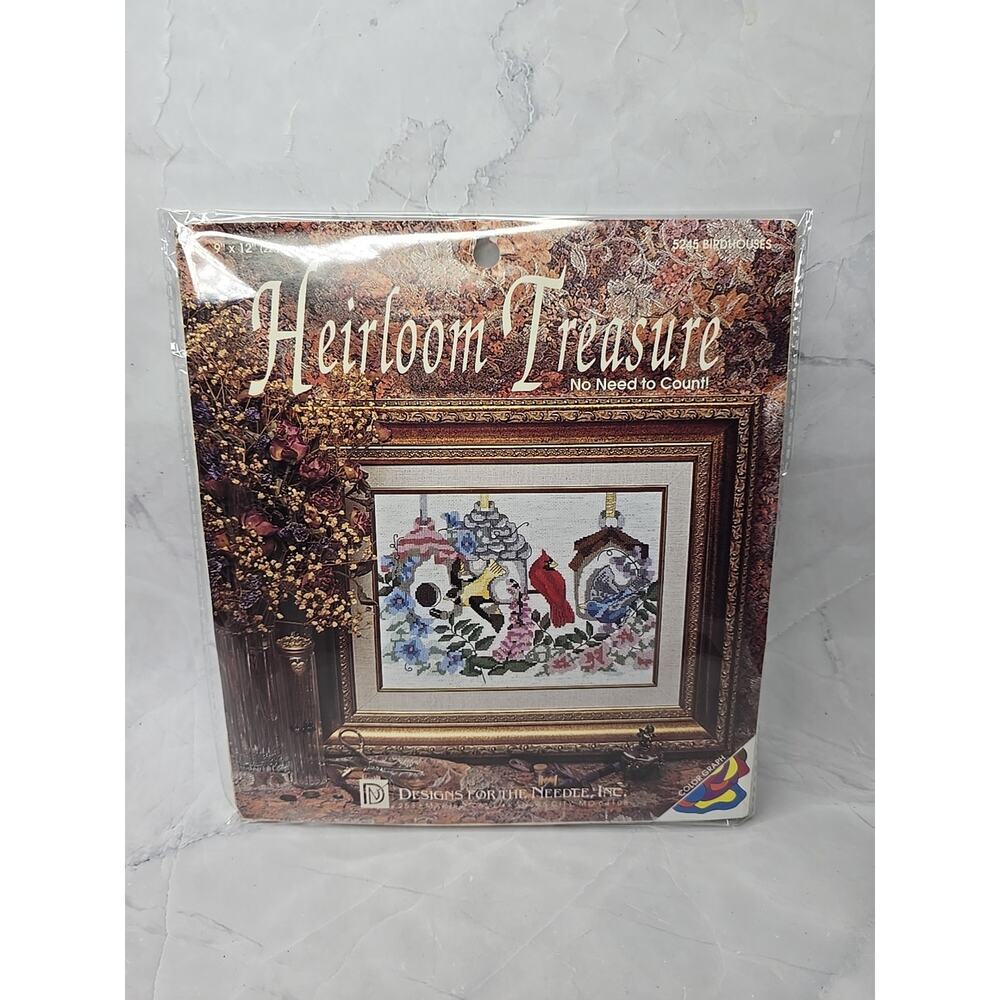 Vtg Heirloom Treasure Cross Stitch Kit Birdhouses Printed Design No Count